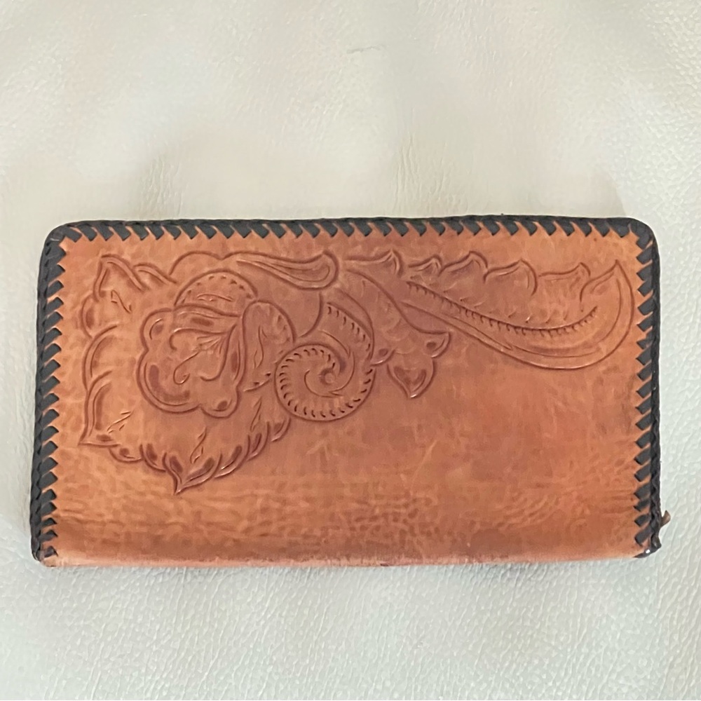 Tooled Leather Wallet Western Floral Embossed Brown Boho Retro Checkbook - Picture 3 of 12